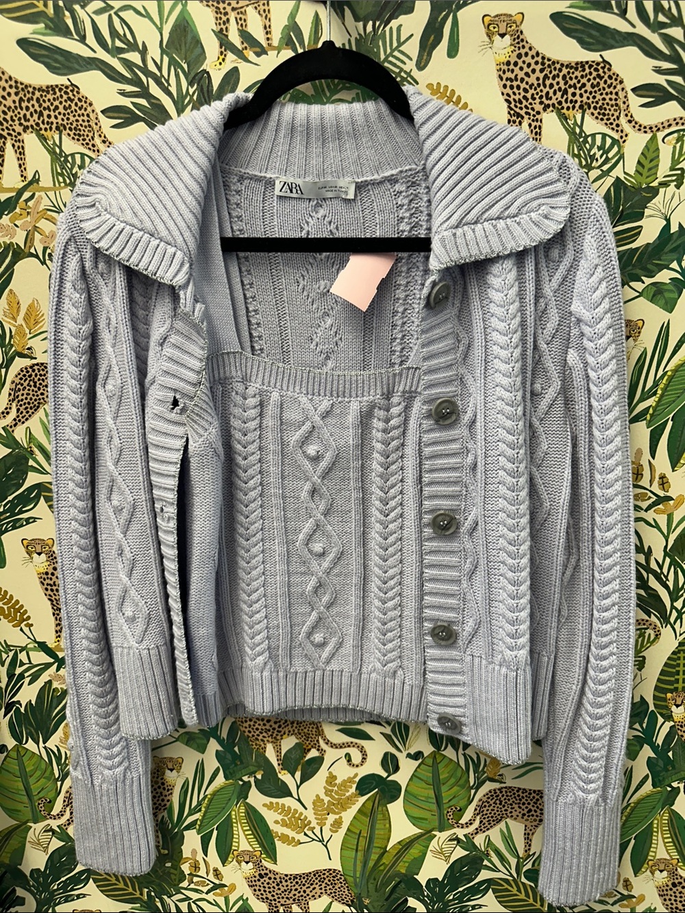 ZARA Light Gray Cable Knit Button-Up Sweater and Cami